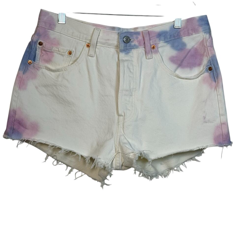 Levi’s 501 Original Tie Dye Denim Shorts White Pink Blue Raw Hem Size 31